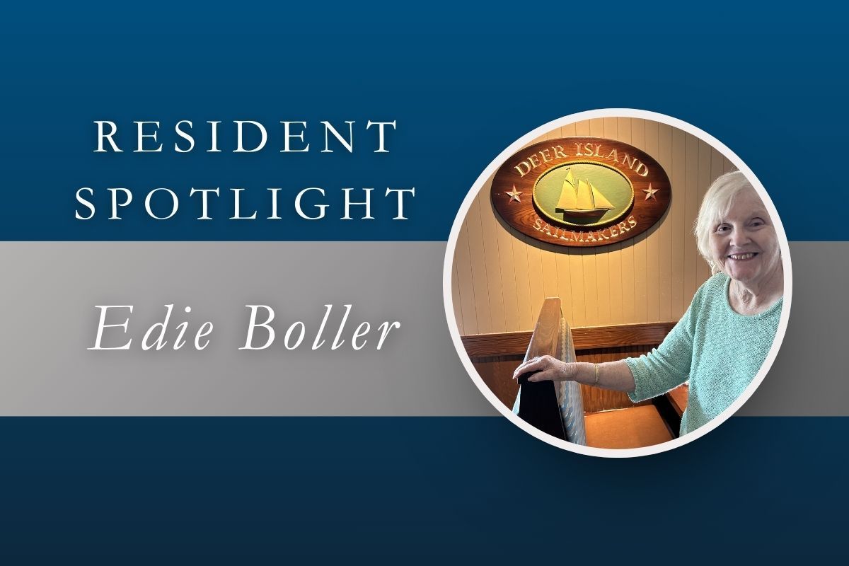 Resident Spotlight graphic for Edie Boller featuring a circular portrait of a woman standing near a sailboat wall sign.