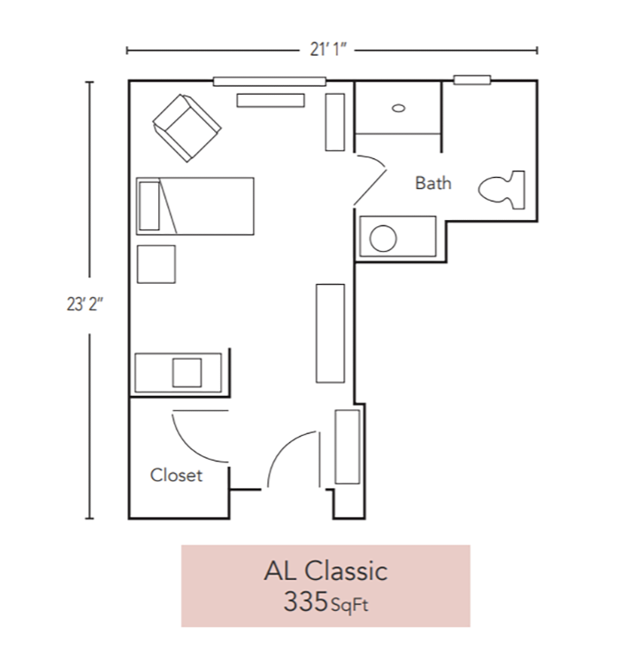 A floor plan of an al classic apartment with measurements