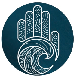 A circular logo on a dark teal background featuring a stylized white hand filled with swirling, wave-like line patterns.