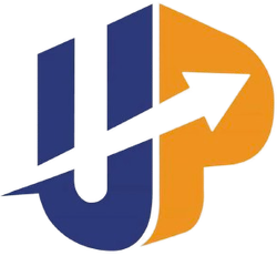 A blue and orange logo with an arrow pointing up.