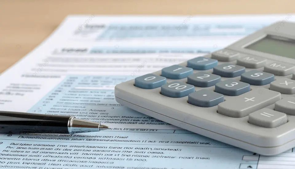 Calculator, pen, and tax form on a wooden surface.