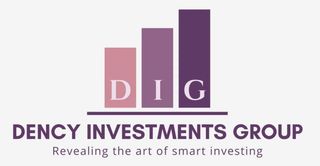 Logo for Dency Investments Group: rising bar chart in pink, purple, and dark purple, with 
