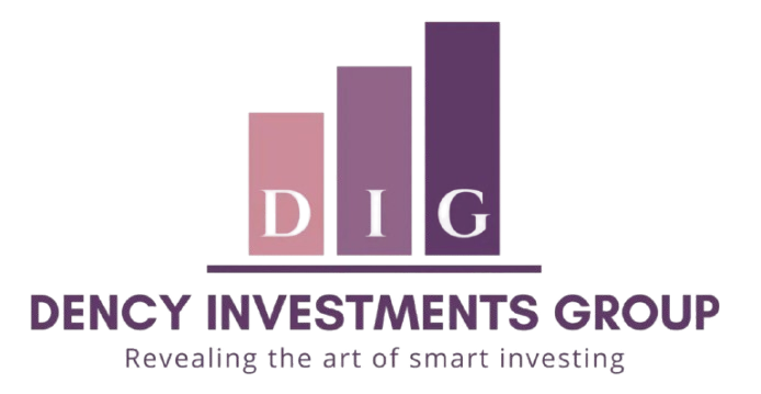 Logo for Dency Investments Group: rising bar chart in pink, purple, and dark purple, with