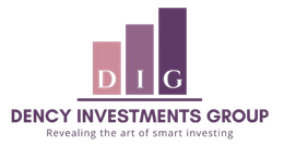 Logo for Dency Investments Group: rising bar chart in pink, purple, and dark purple, with 