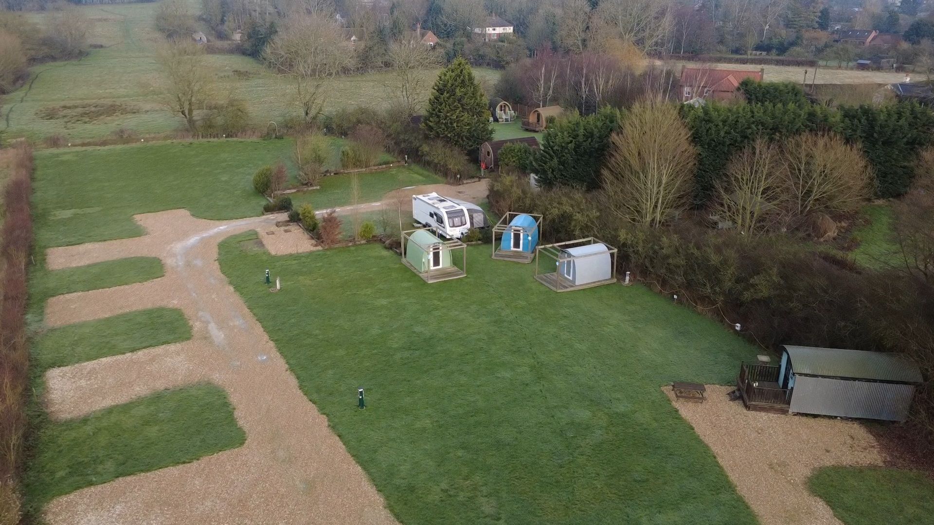 Drone shot of the Three Horseshoes campsite in winter