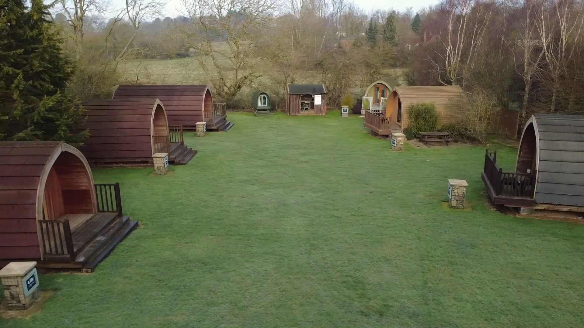 Drone shot of the Three Horseshoes pod garden in winter.