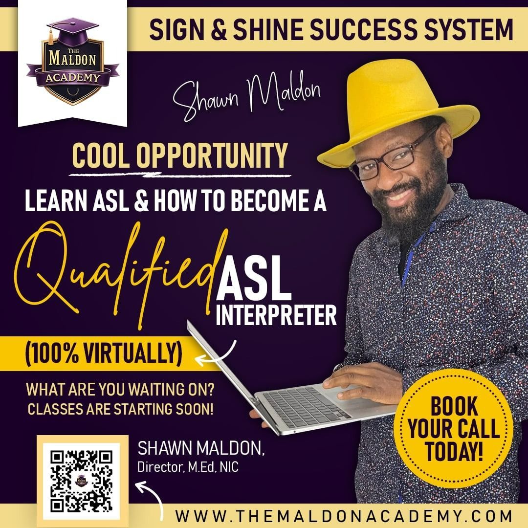 Advertisement for a virtual ASL interpreter training program. A man in a yellow hat smiles, holding a laptop.