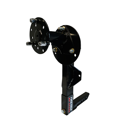 A close up of a tyre trek rv spare wheel adapter on a white background.