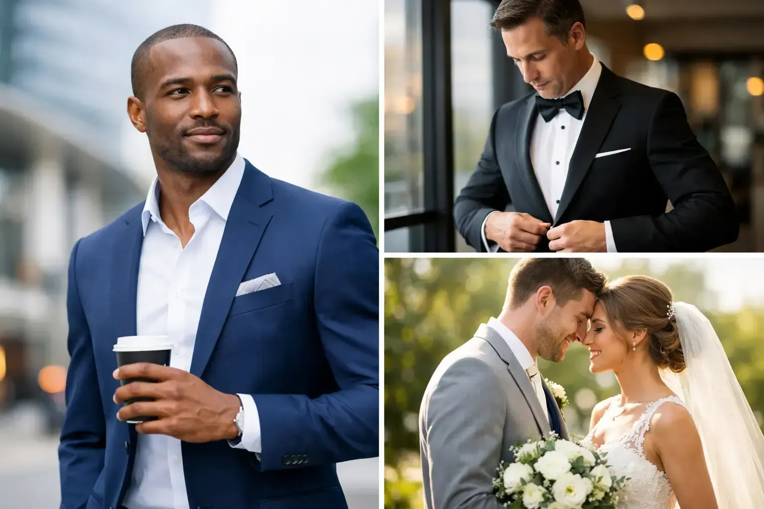 Three formal portraits: a man in a blue suit, a man in a tuxedo, and a bride and groom kissing.