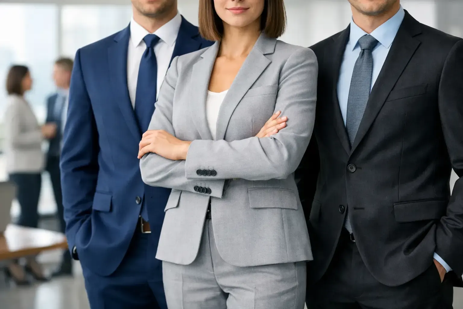 Three business professionals in suits standing with arms crossed in an office setting