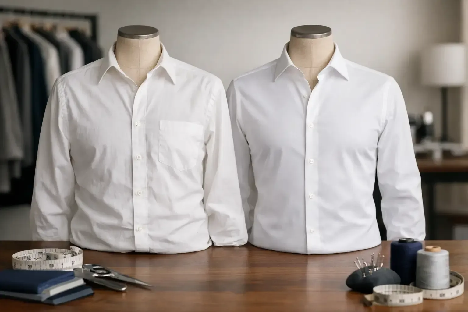 Two white dress shirts on mannequins displayed on a wooden table in a tailoring studio