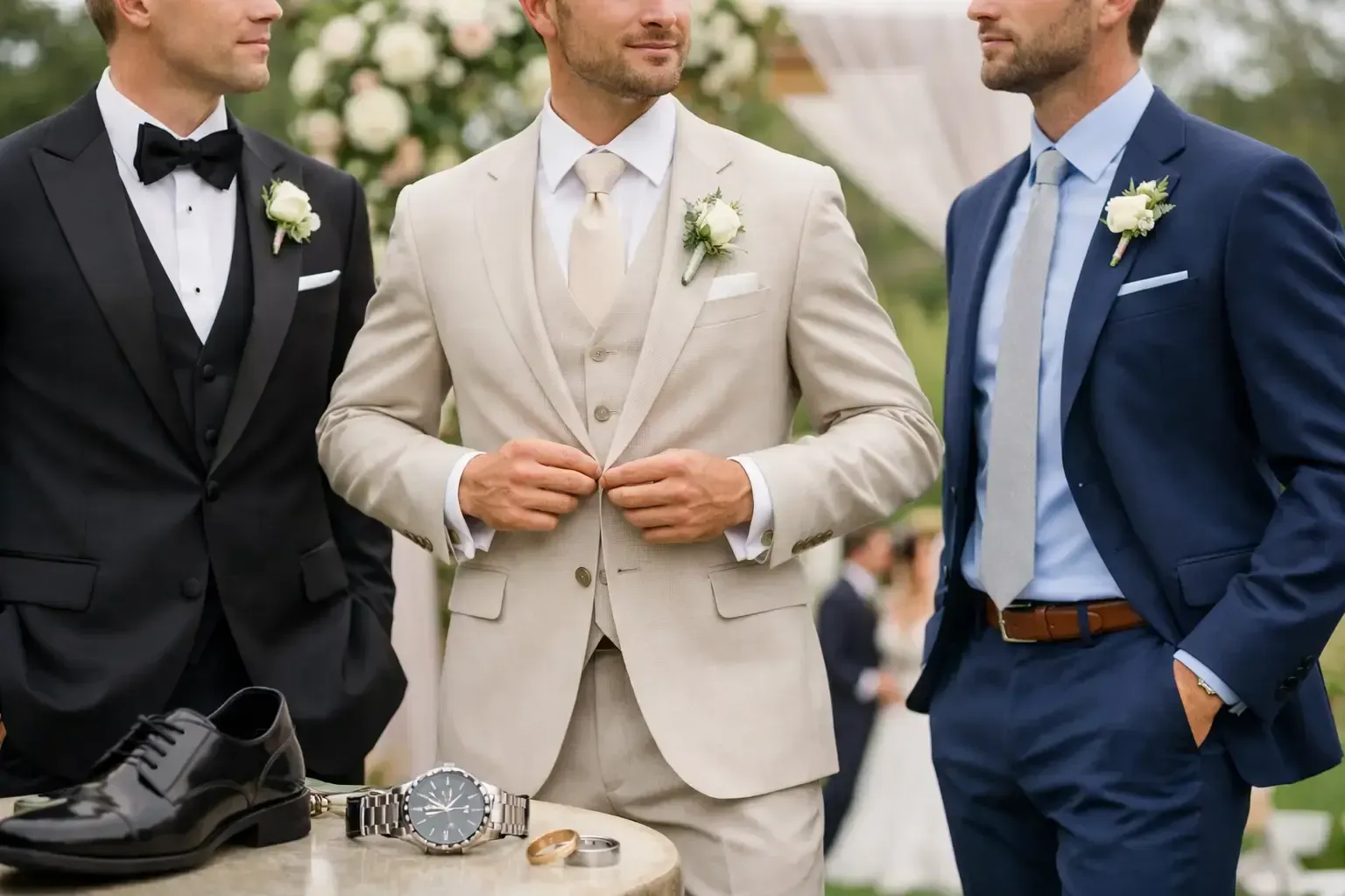 Three men in suits at an outdoor wedding, with a beige groom centered between navy-clad groomsmen.