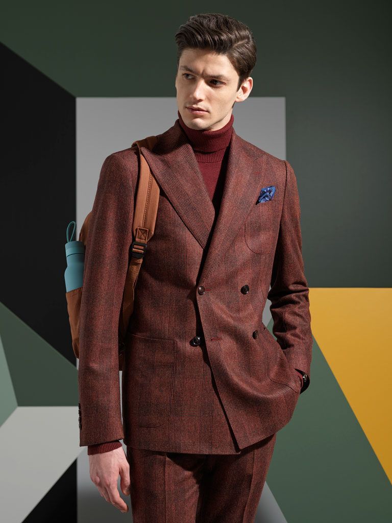 Bespoke double-breasted burgundy check suit