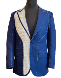 A blue jacket with a white stripe on the side is on a mannequin.