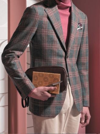 Plaid sport coat over pink turtleneck