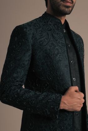 Dark green embroidered custom sherwani