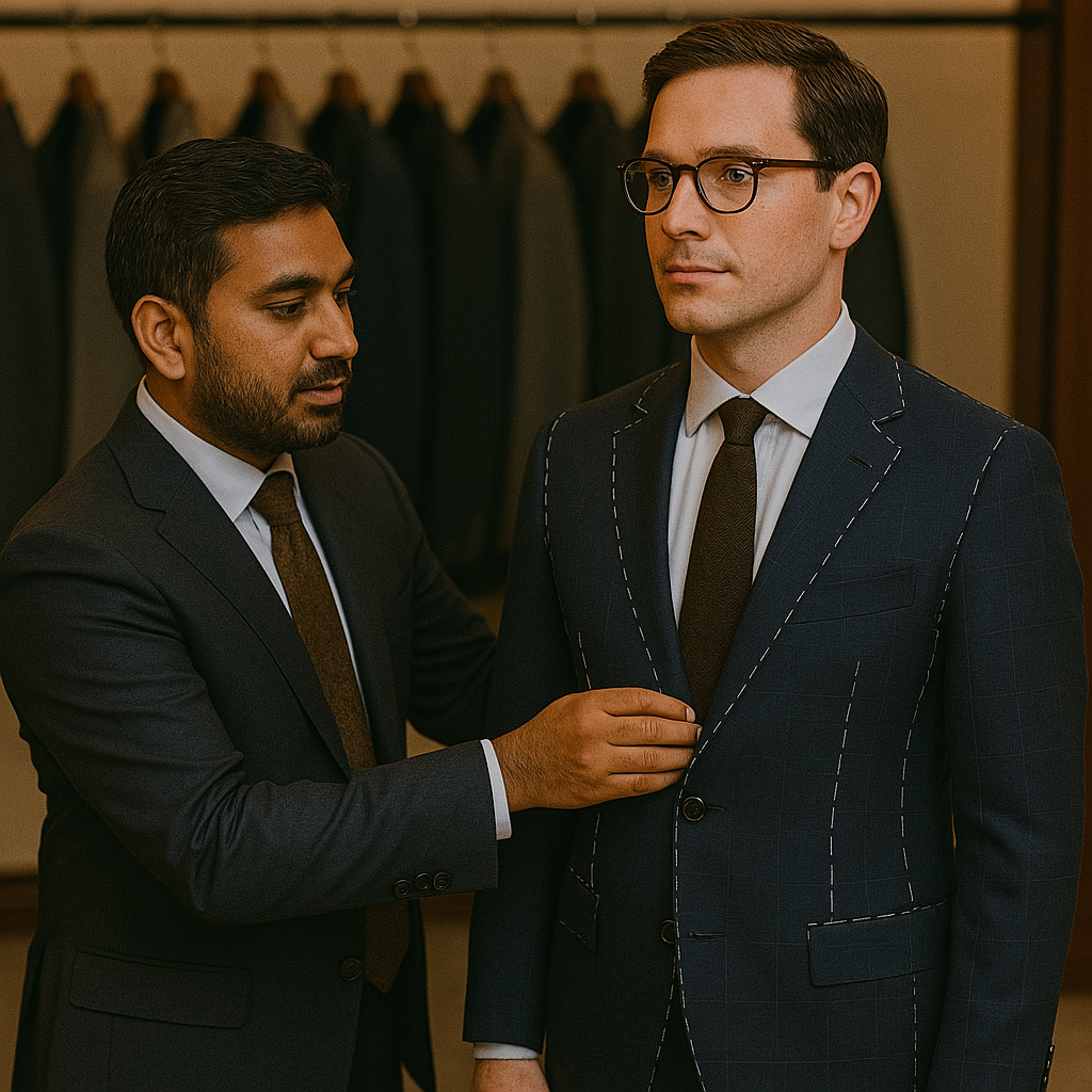Basted suit fitting at Houston custom tailor