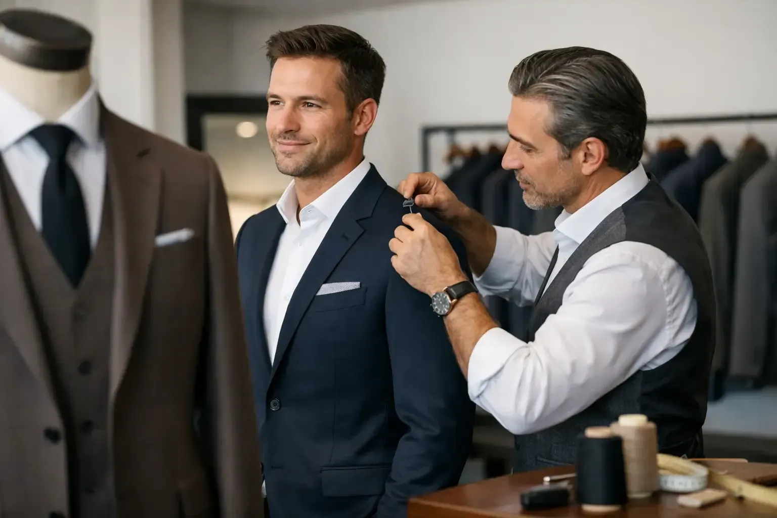 Tailor fitting a navy suit jacket on a man in a menswear shop