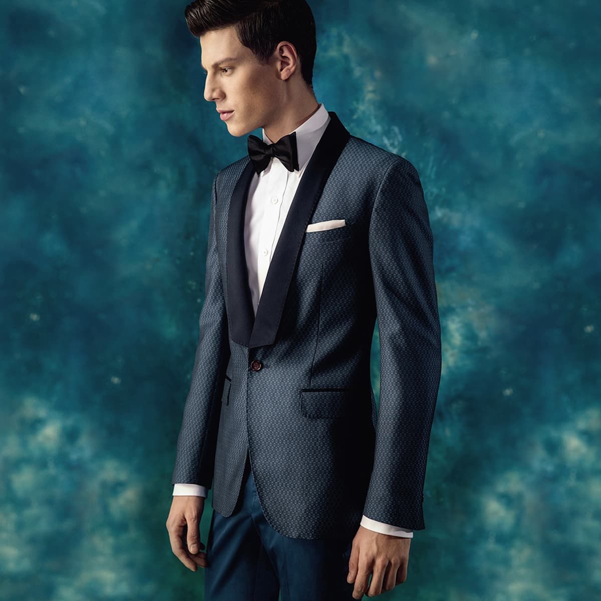 Navy blue tuxedo with black shawl lapel