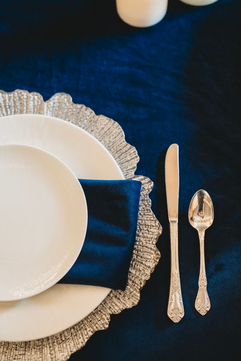 vanessa flatware and blue velvet linen