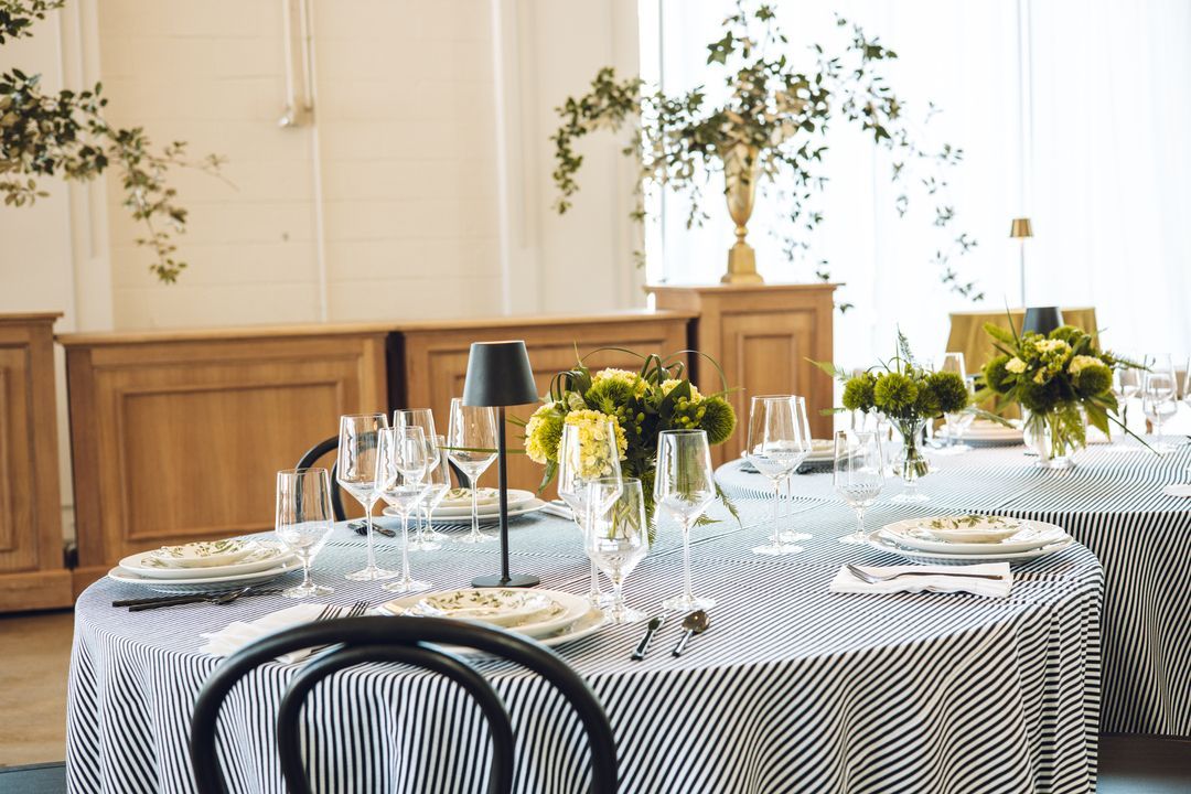 striped event table, black and white