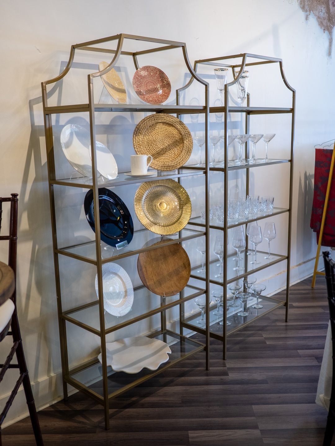 gold shelving with china