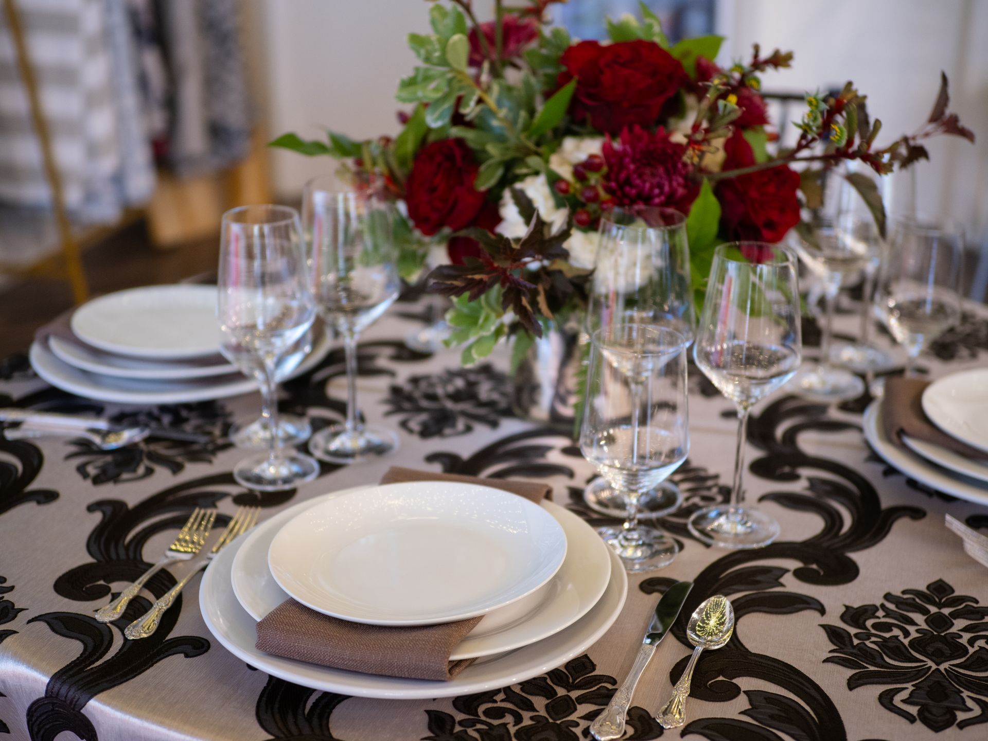 patterned chocolate brown linen white dishes 