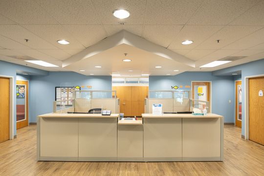 Reception area with light-colored counters, blue walls, and wood floors; multiple doors and cubicles visible.