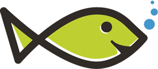 A smiling green fish with dark outlines and blue bubbles.