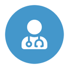Doctor icon in white on blue circle.