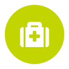 White first aid kit icon with a cross symbol on a green circle.
