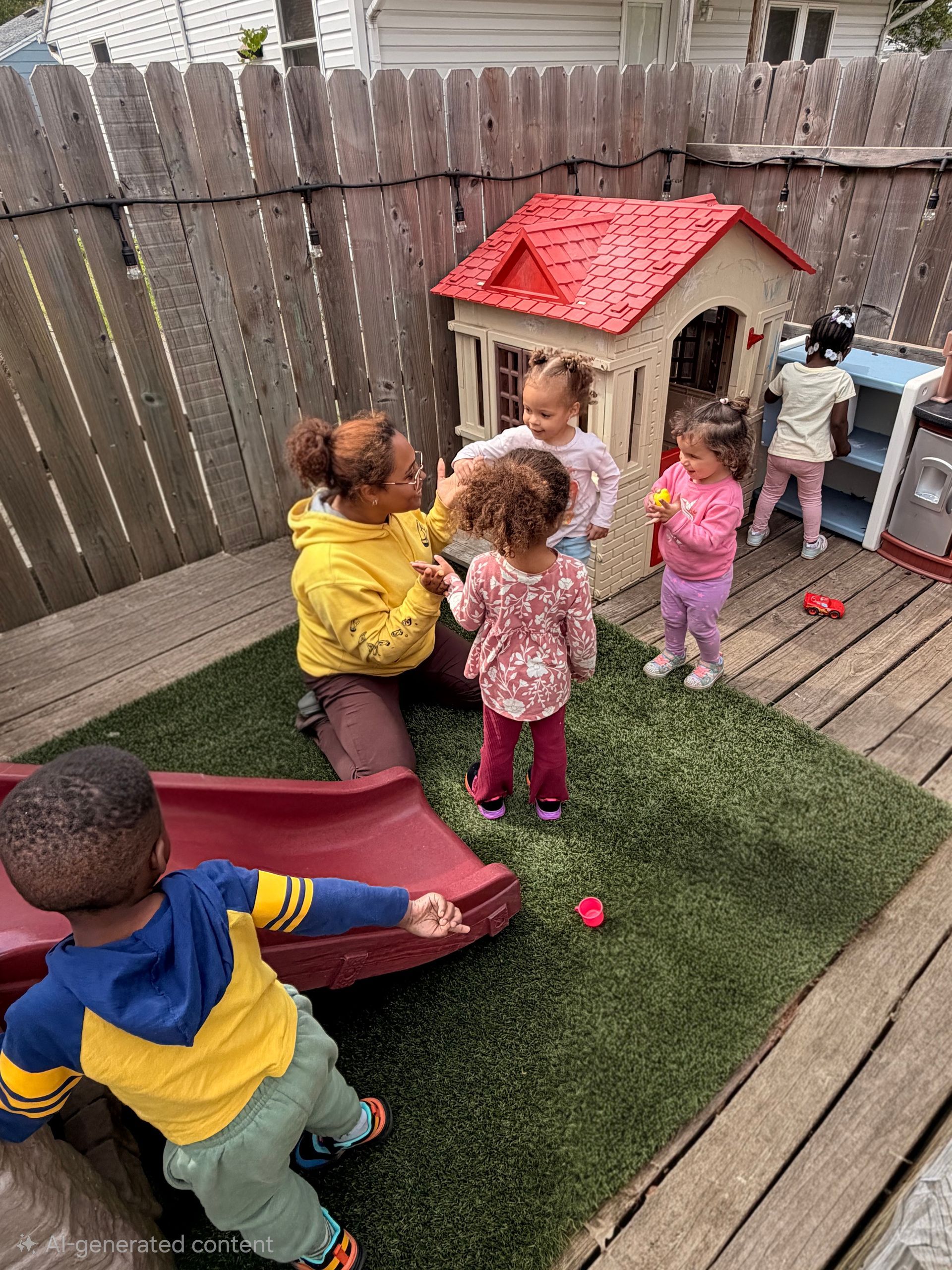 Children playing in a fenced backyard with a playhouse and artificial turf