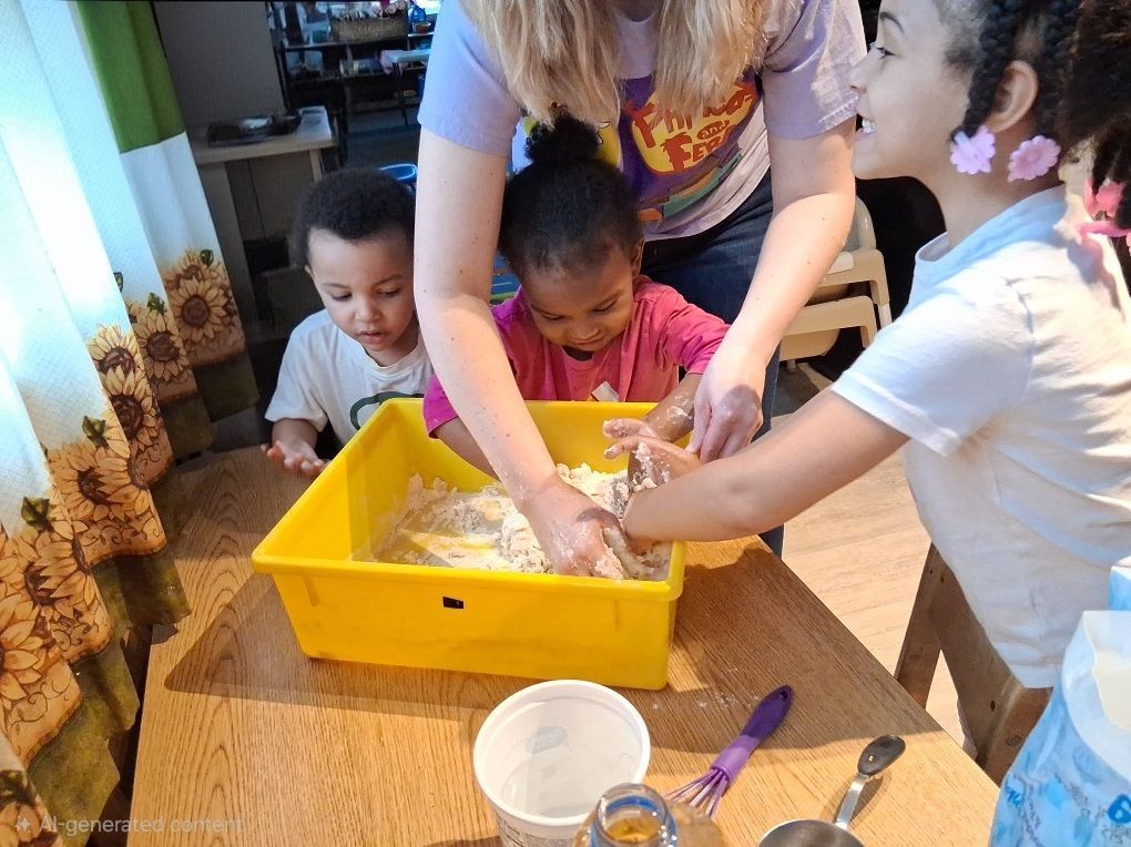 Children and an adult mixing ingredients in a yellow bin on a table during a hands-on activity