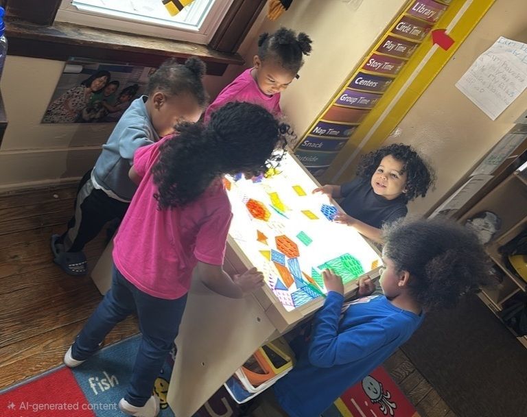 Children gather around a classroom table, playing a colorful board game with cards and tokens.