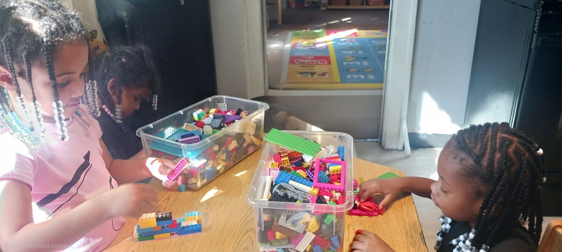 Children play together at a small table in a brightly colored library classroom.