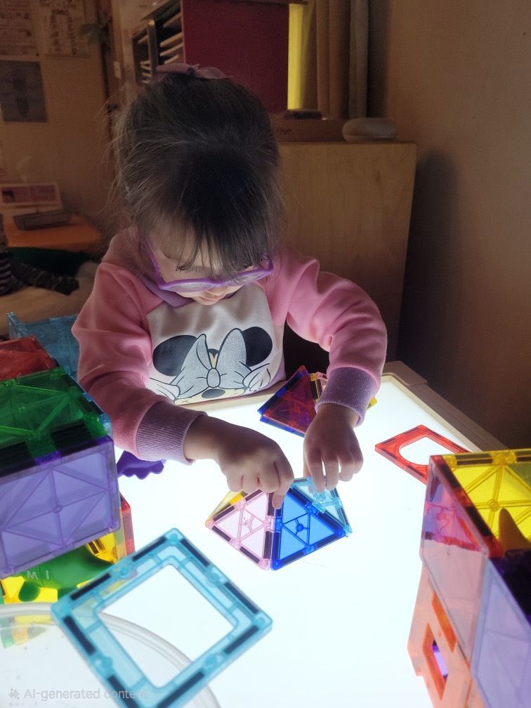Child in pink shirt playing with colorful magnetic tiles on a lit table indoors