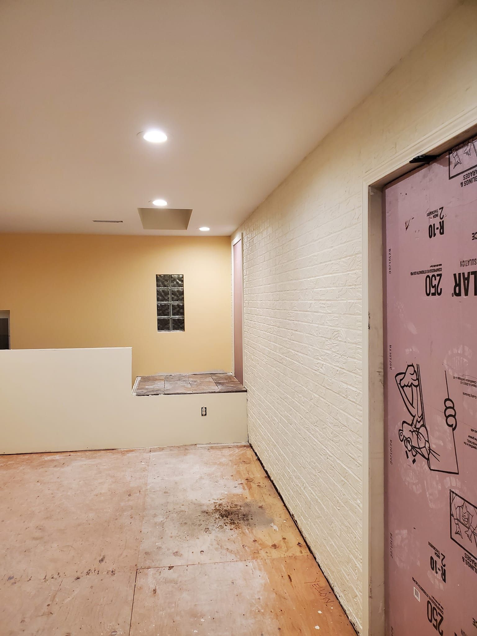 A room with a pink door and a brick wall.
