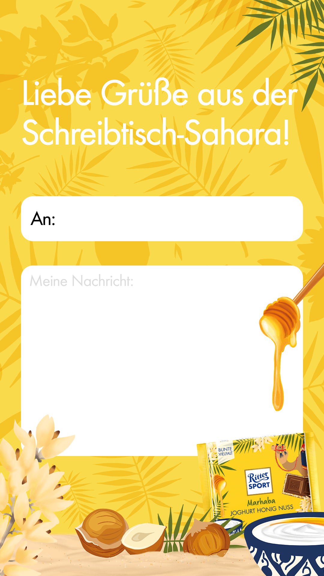 A yellow sign that says liebe gruße aus der schreibtisch-sahara