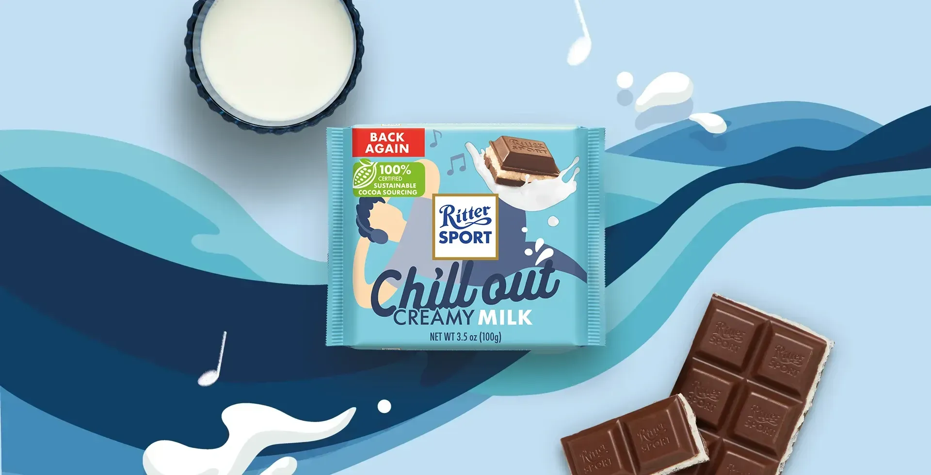 Ritter Sport chocolate bar packaging with cocoa beans, broken chocolate, and milk on a blue background.