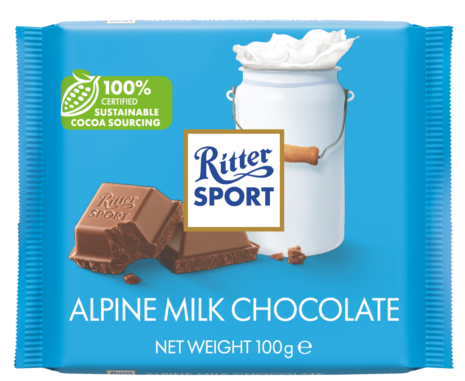 A blue package of ritter sport alpine milk chocolate
