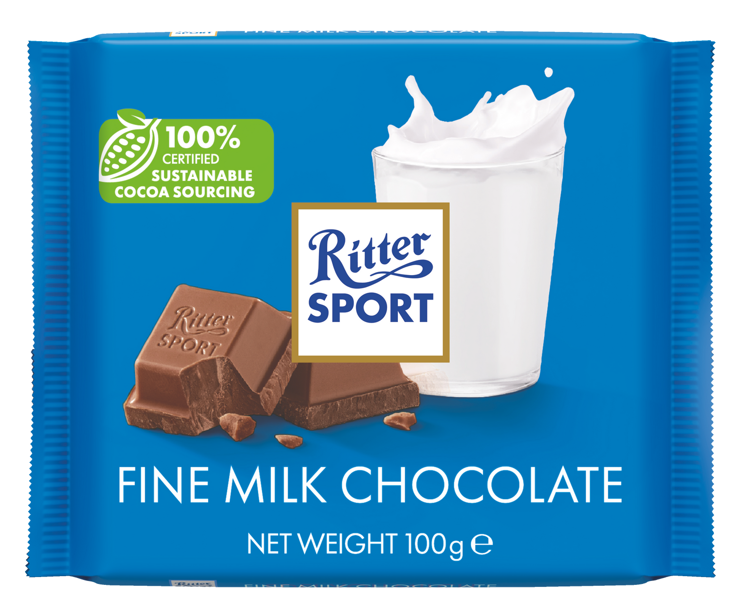 A blue package of ritter sport fine milk chocolate