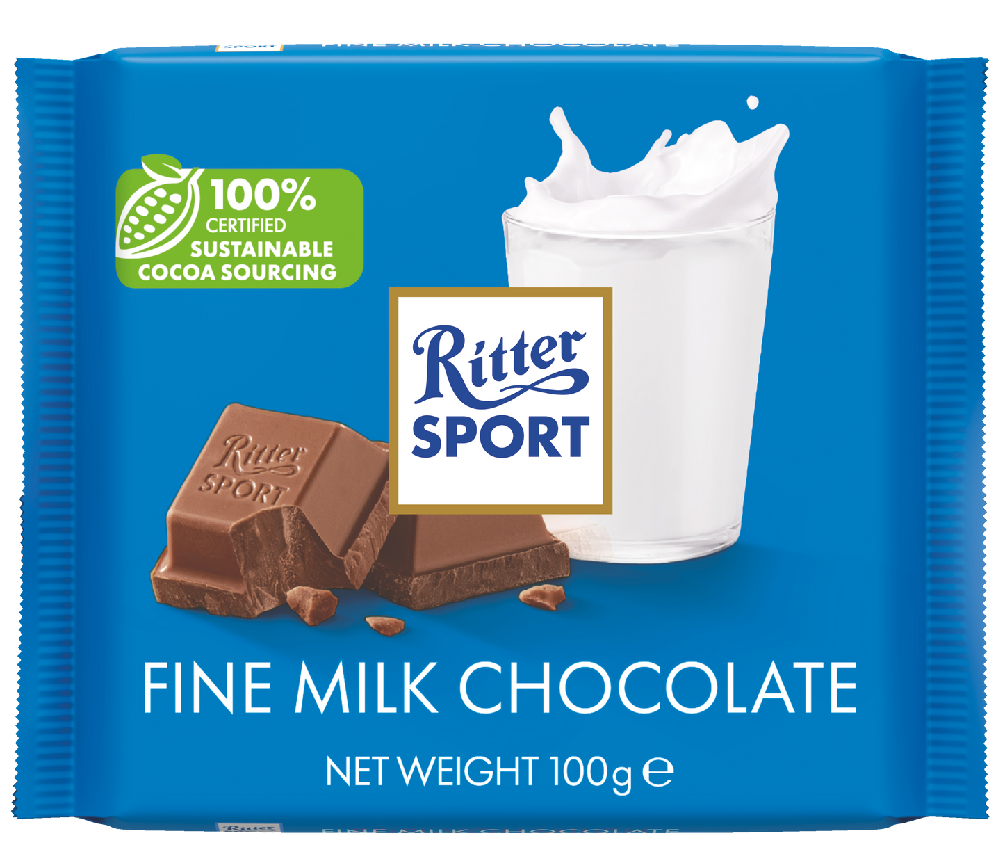 A blue package of ritter sport fine milk chocolate