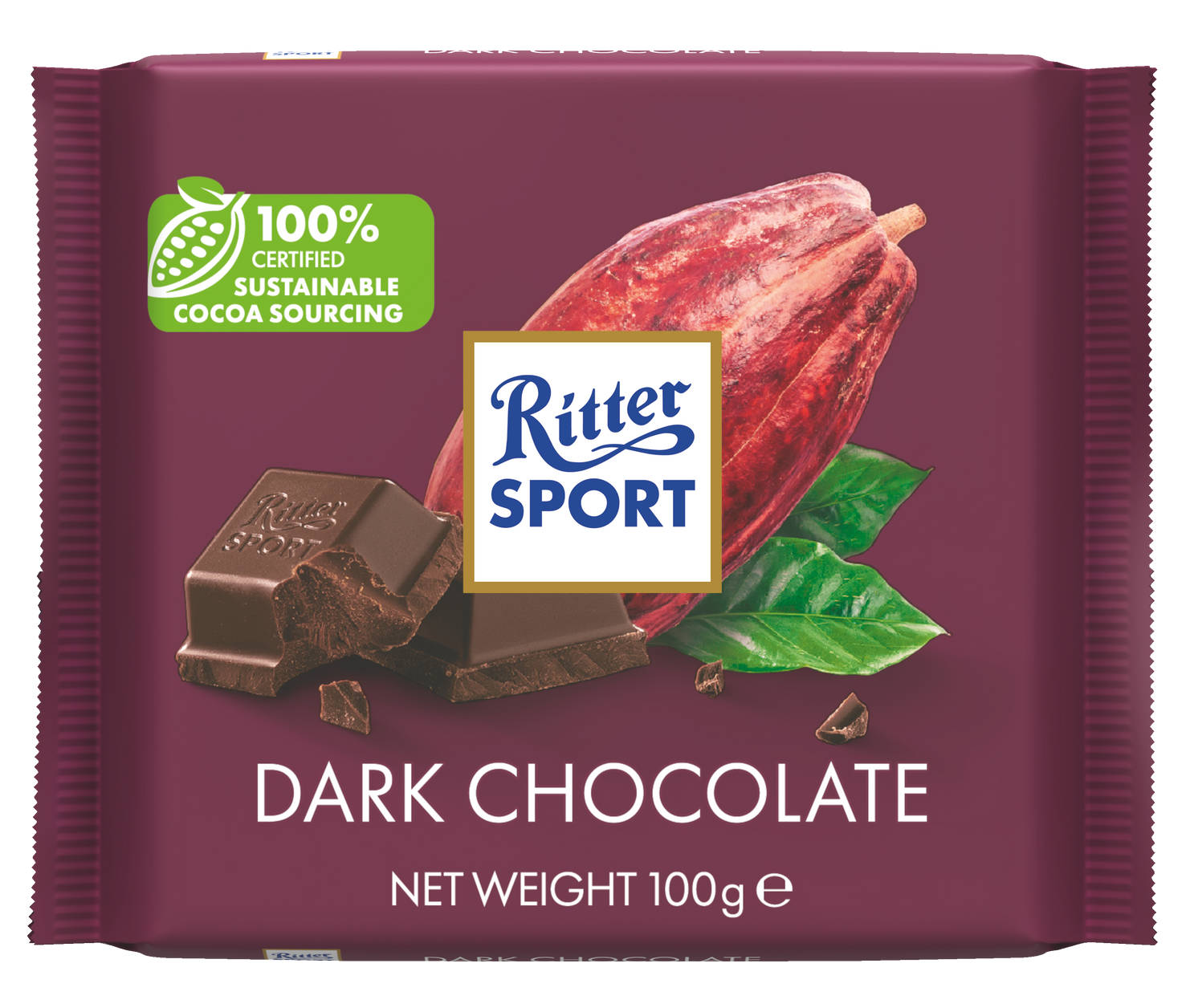 Ritter Sport dark chocolate bar, showing cocoa bean pod and pieces, 100g, purple packaging.