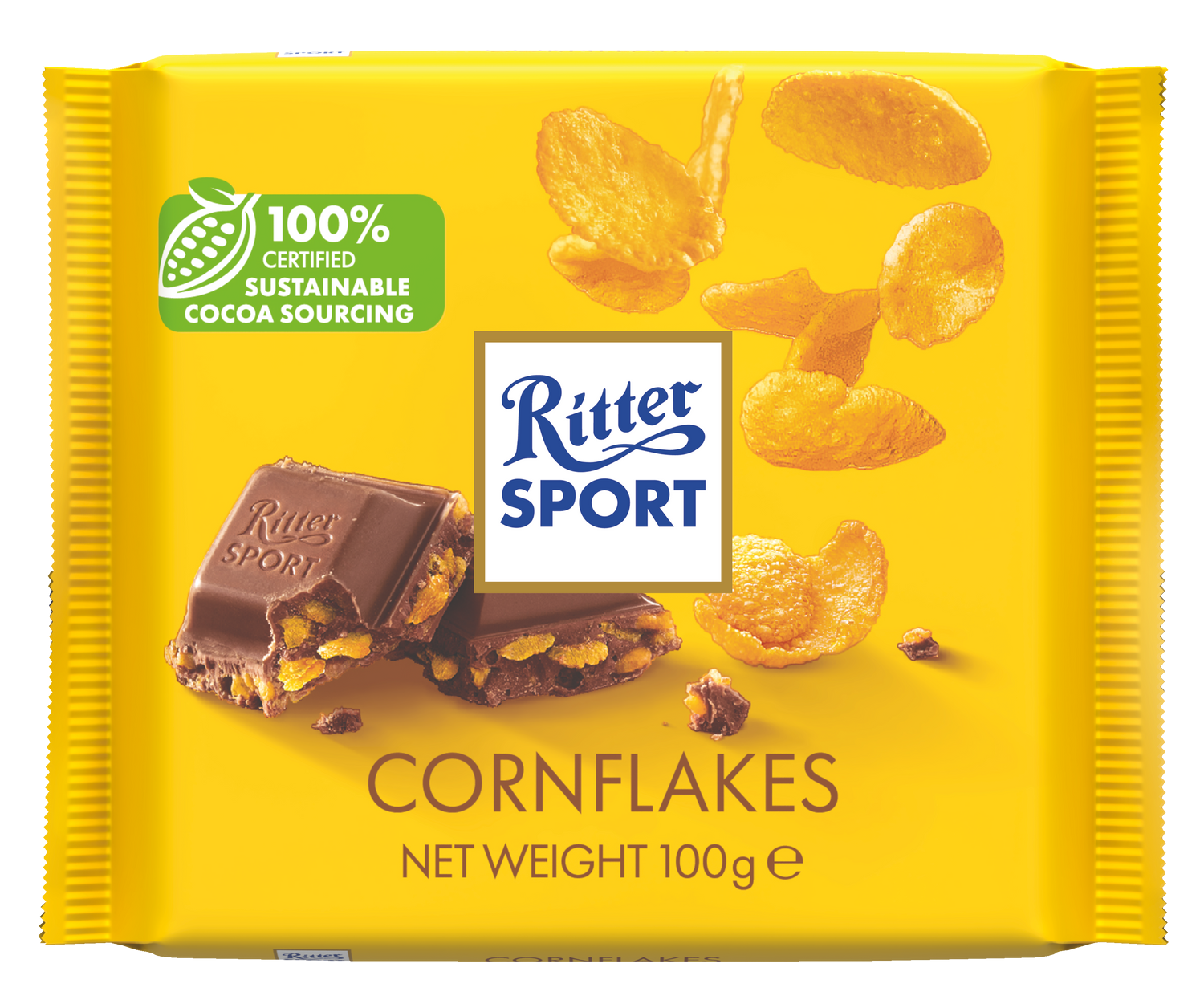 A yellow package of ritter sport cornflakes chocolate