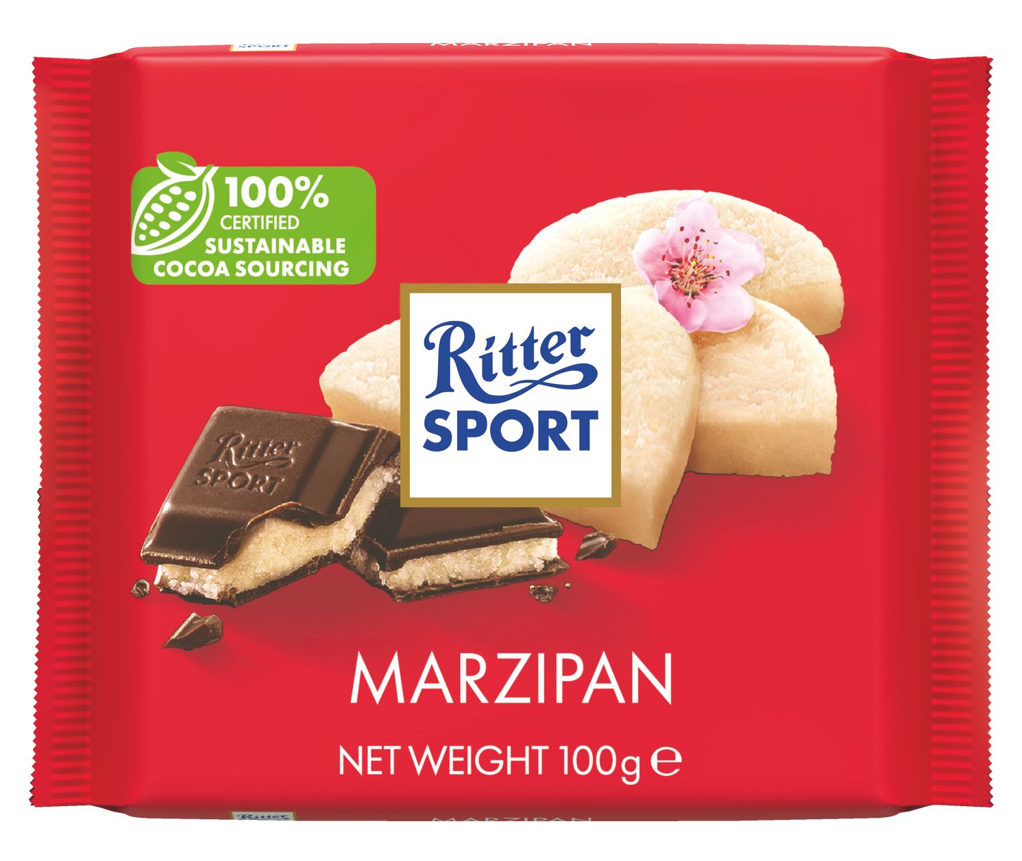 A red package of ritter sport marzipan chocolate