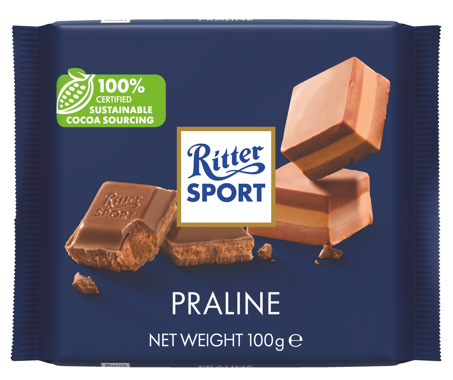 A blue package of ritter sport praline chocolate