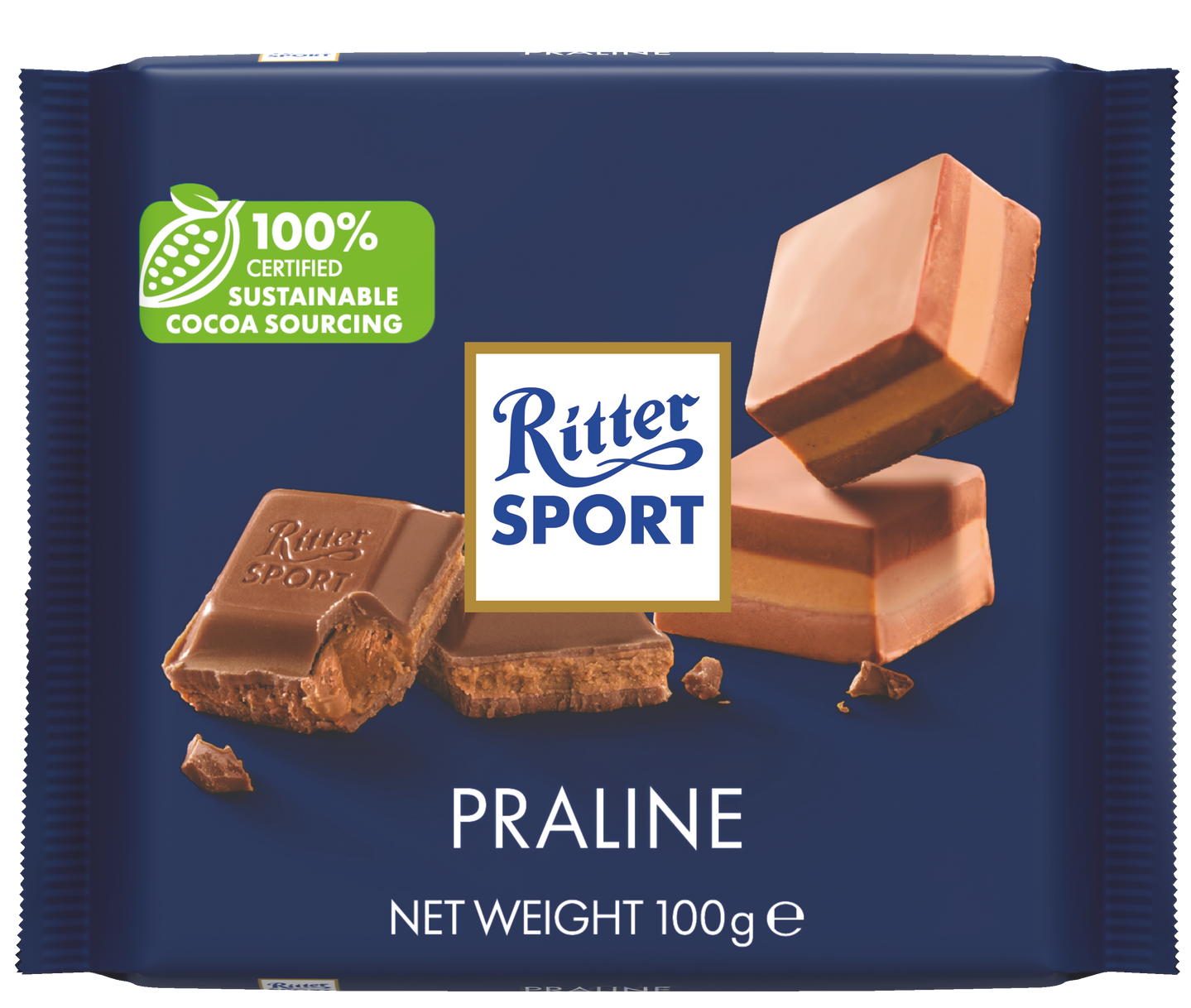A blue package of ritter sport praline chocolate