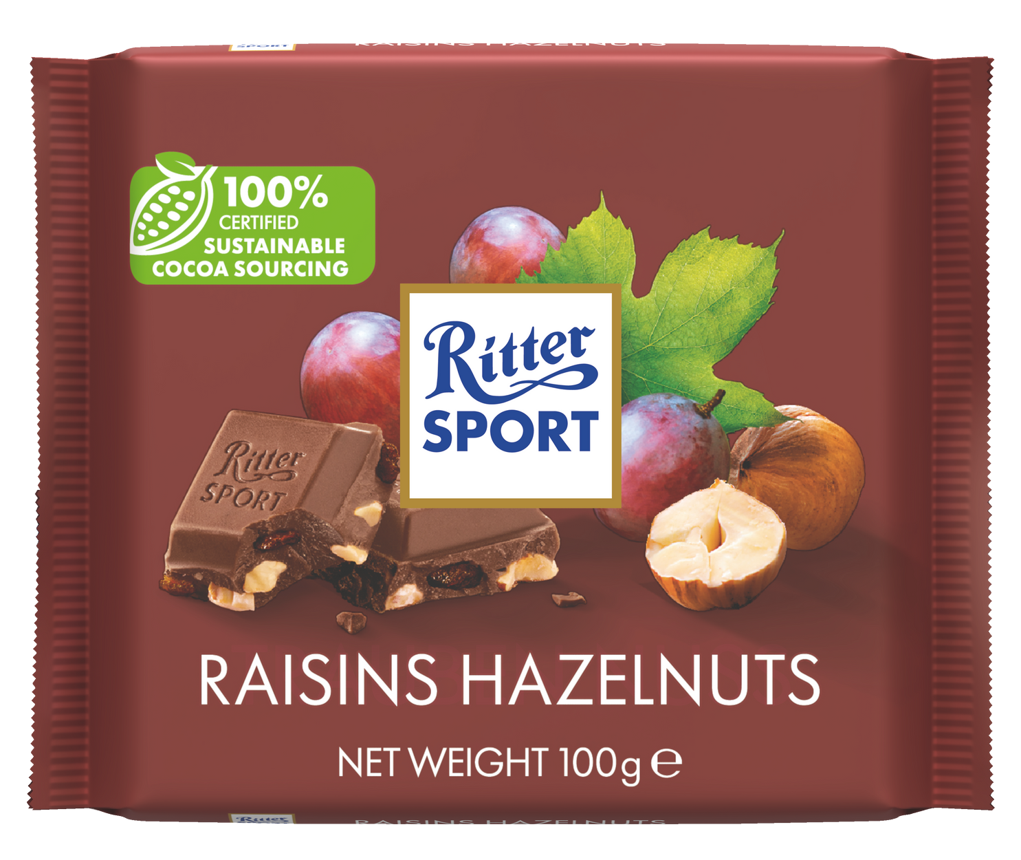 Ritter Sport chocolate bar with raisins and hazelnuts. Brown packaging, featuring fruit and nuts.
