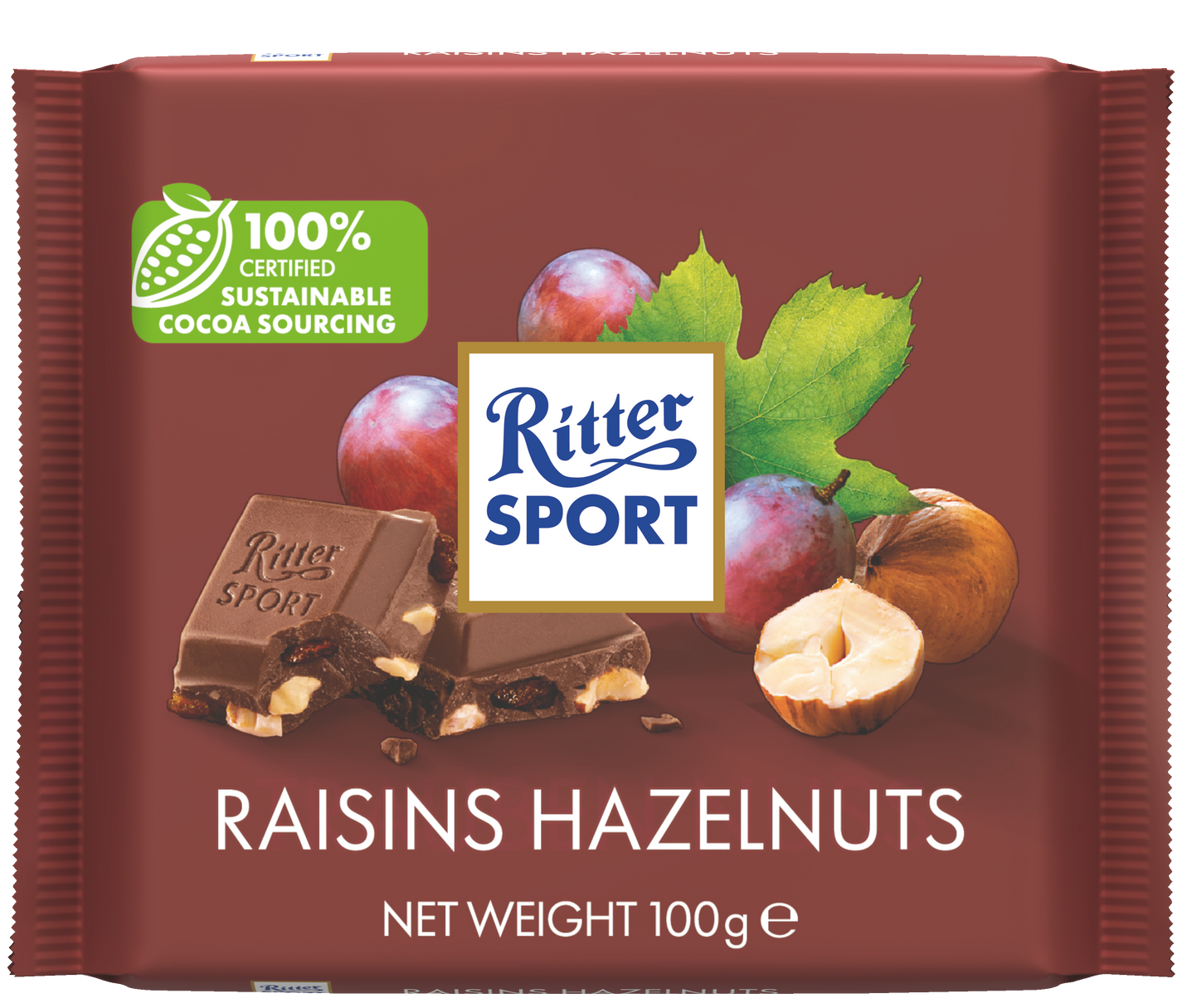 A package of ritter sport chocolate with raisins and hazelnuts