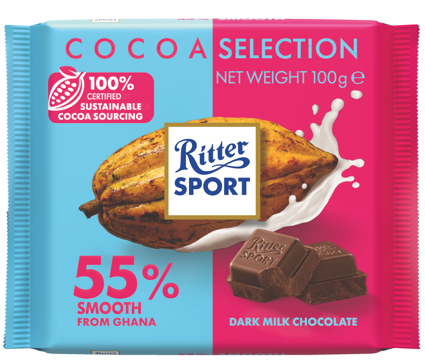 A package of ritter sport cocoa selection dark milk chocolate